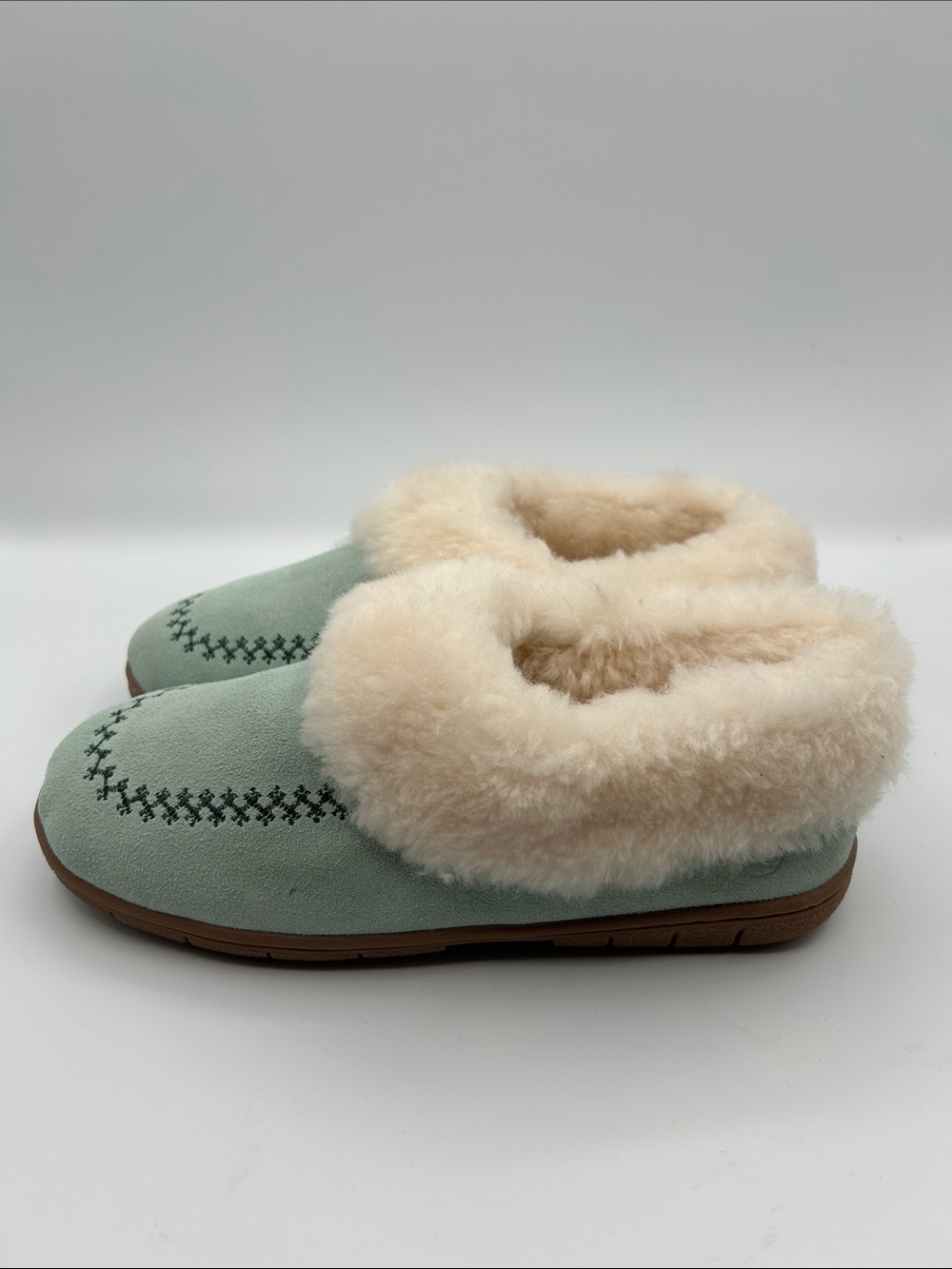 Lands End Mint Green Suede Embroidery Details Moccasin Slip On Shearling Lining - Picture 4 of 14
